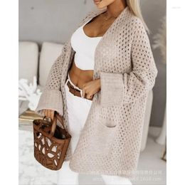 Women's Knits Y2K INS Elegant Fashion Long Sleeve Open Front Hollow Out Pocket Loose Knitwear Autumn Women Knitted Cardigan Sweater Top