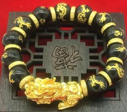 Gold Plated 3D Pixiu Bracelet Black Obsidian Beads Transfer Luck Bracelet Chinese Feng Shui Animal Jewelry4546108
