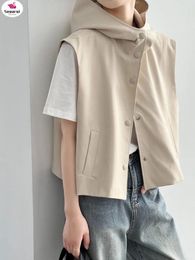 Women's Vests SEPARQI Sleeveless For Women Casual Hooded Top 2024 Cardigan Korean Version Of The Shoulders Section Jacket