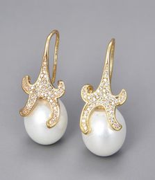 GuaiGuai Jewelry 14mm white sea shell Pearl starfish Cz pave Hook Earrings For Women Real Gems Stone Lady Fashion Jewellry4312892