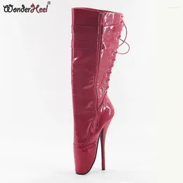 Stiefel Wonderheel Ultrahigschubstuner 7 "Spike Red Patent Women Knie Ballett sexy Schnürung an den Rückenschuhen