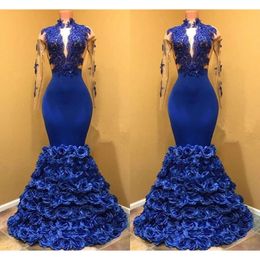 Exquisite 3D Floral Formal Dresses Sheer Long Sleeve Royal Blue Party Dress Lace Applique Pageant Gowns Custom Made Evening Wear 0510