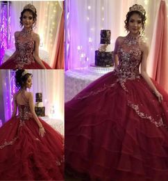 Burgundy Quinceanera Dresses Beaded Halter Luxury Crystal Corset Back Tiered Skirt Tulle Sweet 15 16 Birthday Princess Prom Ball G1612639