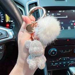 Keychains Lanyards New fashion full diamond sitting bear creative mink hair car key chain cute bag pendant gift. J240509