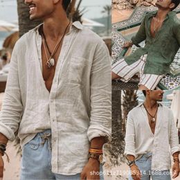 Summer shirt Autumn Mens Solid Cotton Linen Loose Relaxed Polo Collar Long Sleeve Cardigan Beach Shirt Top 240426