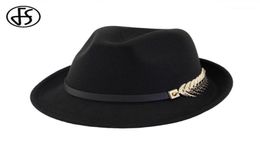 Stingy Brim Hats FS Wool Felt Women Men Fedora Hat For Spring Autumn Elegant Lady Trilby Jazz Panama Cap Black Curl Brim15126717