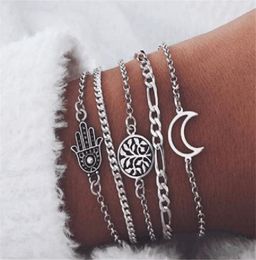 5 PcsSet Fashion Bracelet Silver Hollow Hand Leaves Moon Bangles For Women Jewellery Beach Party Friends Gift4136400