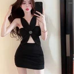 Casual Dresses Y2K Style Halter Little Black Mini Dress Women Summer Off Shoulder Sexy Hollow Out Pencil Short Skirt Slim Party