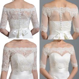 Cheap White Ivory Lace Bridal Jackets Boleros Off Shoulder Half Sleeve Buttons Covered Wedding Bride Wraps Shrug For Wedding Dresses 208O