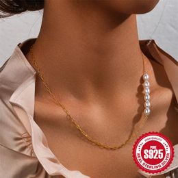Chains 925 Sterling Silver Gold Long Chain Pearl Ladies Clavicular 2024 Fashion Rock Punk Jewelry Necklace Fine Gift
