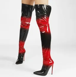 Boots Sexy Red Black Gradient Patent Leather Thigh Female High Stiletto Heel Pointed Toe Long Knight Over Knee