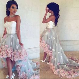 Handmade Flowers Pink Prom Gowns High Low Long Party Strapless Graduation 3D Floral Appliques Evening Dresses Custom Made 0510