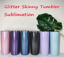 20oz Sublimation Glitter Skinny Tumbler Rainbow Sparkling Cup Coffee Mug with Lid Straw Double Walled Vacum9681094