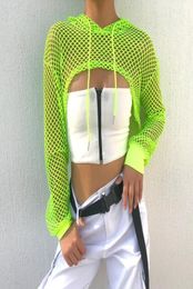 Women039s Swimwear Sexy Fishnet Cover Up Crop Tops Women Fashion Hollow Out Smocks Neon Color Long Sleeve Short Mesh Hoodies Fo6894320