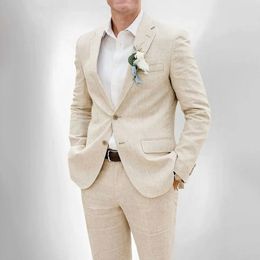 Elegant Wedding Suits for Men 2 Piece Beige Notch Lapel Linen Blazer Set Fashion Groom Man Tuxedo Slim Casual Beach Suit 240430