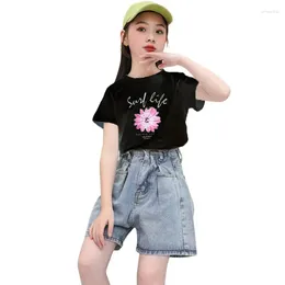 Clothing Sets Summer Fashion Kid Girl Clothes Set Short Sleeve T-Shirt Denim Jeans Shorts Outfits Children Girls Costumes 3 5 7 9 11 13