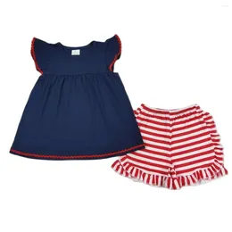 Clothing Sets Wholesale July 4th Kids Summer Short Sleeves Cotton Naby Blue Tunic Toddler Set Children Red Stripes Shorts Baby Girl Outfit