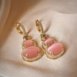 Hoop Earrings Minar Unique Design Pink Colour Opal Natural Stone CZ Cubic Zircon Bottle Gourd For Women Real Gold Brass Jewellery