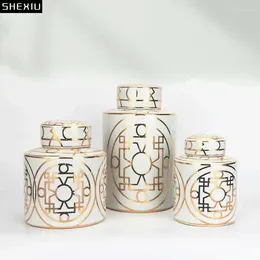 Storage Bottles Gold Plated Textured Porcelain Jar With Lids Tea Canister Geometric Lines Cylinder Ceramic Jars Caddy Candy Pots