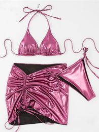 Women's Swimwear 3 Piece Metallic Swimsuits Halter Triangle String Bikini Set With Skirt PU Faux Leather Female Bathing Suit