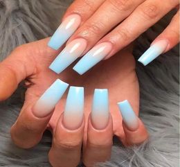 Press on Glossy Gradient Blue Ombre Nails Long Square Coffin Fake Nail Art Acrylic Ballerina False Fingernail Tips for Women and G1342153