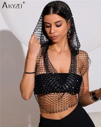 Sexy Deep V Neck Backless Camisole For Women Shiny Rhinestone Hollow See Through Fishnet Hooded Tank Top Rave Festival Crop Tops 240509