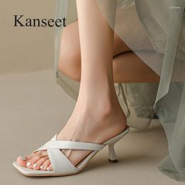 Slippers Kanseet Concise Women Square Toe Open-Toed High Heel Shoes Handmade 2024 Summer Dress Casual Female Footwear Beige