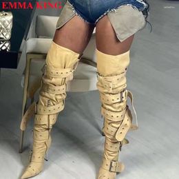 Boots 2024 Female Buckle Strap Cross-tied Over The Knee Pointed Toe Metal Heel Motorcycle High Thigh Woman