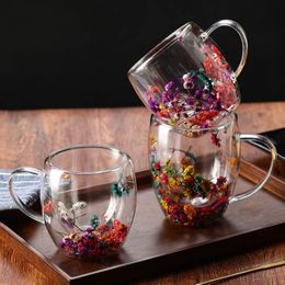 Brief Flowers Handle Clear Glass Tumblers Cups Double Layers 350ml 250ml Beer Drinking Cold Water Drink Bottle Ice Milk Tea Cocktail Cola Coffee Jars Summer Ware Mugs