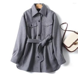 Women's Jackets Maxdutti Fashion Simple Autumn And Winter Gray Color Wool Coat Sashes Jacket Women With Belt