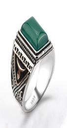 925 Sterling Silver Setting Green Agate Geometric Stone Ring Punk Style for Men Finger Ring Jewelry9254386