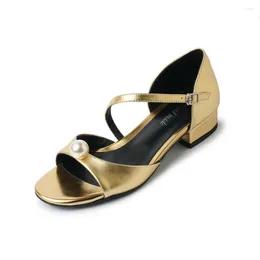 Casual Shoes Gold Silver Women Genuine Leather Sandals Low Heels Pearl Decoration Party Wedding Woman Summer