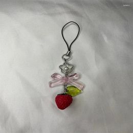 Keychains Cute Red Strawberry Leaf Bow Phone Strap Charm Landyard Keychain Keycord For Girl Woman Bag Camera Pendant Airpods Case
