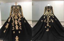 Black And Gold Lace Ball Gown Evening Prom Dresses With Long Sleeves Sequins Tulle Long Hollow Back Applique Formal Gowns African 6076253