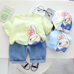 Clothing Sets 2024 Korean Summer Girl Top And Bottom Clothes Set Cartoon Short Sleeve T-shirts Denim Shorts Suit Baby Outfit