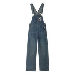 Kvinnors jumpsuits Rompers Denim Jumpsuits for Women Emblem Design Wide Leg Pants One Piece Outfit Women Rompes Loose Korean Style Casual Vintage Overalls Y240510