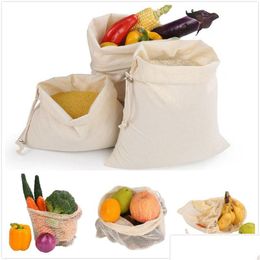 Storage Bags Reusable Cotton Shop Eco-Friendly Mesh Vegetable Fruit Pouch Hand Totes Home Environmental Bag Drop Delivery Garden House Dhny9