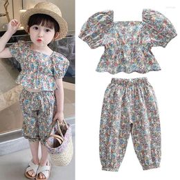 Clothing Sets Summer Western-Style Girls' Suit Korean Version Bubble Sleeve Floral Two-Piece Square Collar Printed Short