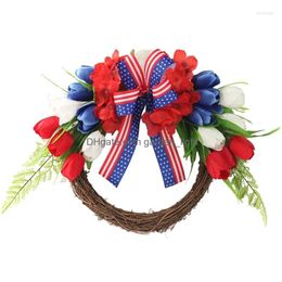 Decorative Flowers Wreaths Artificial Tip Wreath Patriotic 4Th Of Jy Americana Independence Day For Front Door Wall Window Wedding Dhn0T
