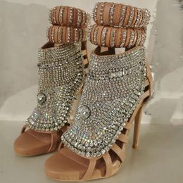 Dress Shoes Luxurious Instep Large Gem Diamond Embellished Open Toe Hollow Ankle Straps Sandals Stiletto Heels Party Shiny Footwea