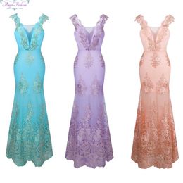 Angel-fashions Women's V Neck Embroidery Lace Flower Straps Mermaid Bridesmaid Dress Run Fashions Party Dresses 310 3294
