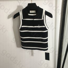 Embroidered Lapel Knit Vest Women Stylish Striped Knit Crop Tops Simple Sleeveless Thin T Shirt