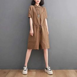 Women's Jumpsuits Rompers Cotton Linen Jumpsuits Women Oversized Loose Casual One Piece Outfits Women Playsuits Overalls for Women Elastic Waist Shorts Y240510