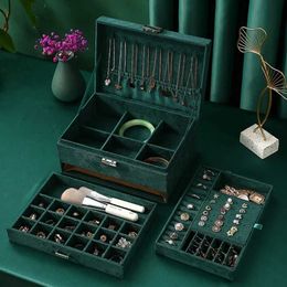 Jewelry Boxes New 3-layers Green Velvet Jewelry Organizer Large Capacity Ring Necklace Makeup Holder Cases Jewelry Box for Women with Lock