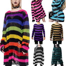 Women's Knits Tees 2024 Purple Stripe Gothic Sweater Womens Tear Hole Loose Knit Pull Wear Fairy Glench Jumper Expression Street Clothing LolitaL2405