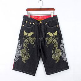 Washed men jean shorts men's Shorts Seven-Point Casual Loose Slim Ripped Japanese Korean Large Size Summer embroidery knee length pants plus size 30-46