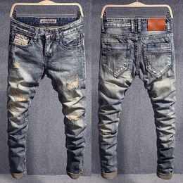Italian Style Fashion Designer Men Jeans Retro Slim Fit Ripped Hole Trousers Patched Vintage Casual Denim Pants Hombre 240510