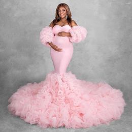 Party Dresses Mermaid Pink Robe Maternity Dress For Baby Shower Puffy Sleeves Ruffled Po Shoot Vestiti Sposa Pregnant Women Gowns