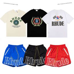 Designer T Shirt Mens Rhude Shorts Tracksuits Printing Letter Black White Grey Rainbow Colour Summer Fashion Cotton Cord Top brand Short Sleeve