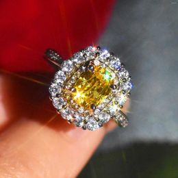 Cluster Rings Luxury Yellow Zircon Princess Opening Ring 925 Stamp Double Layer Micro-set Super Flash Banquet Jewelry Party Birthday Gift